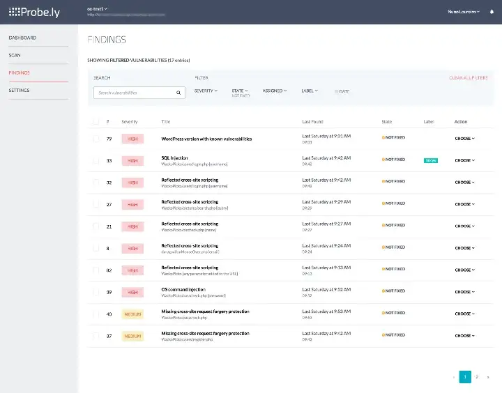 A screenshot of Probely’s Finding page, showing vulnerabilities found on a website