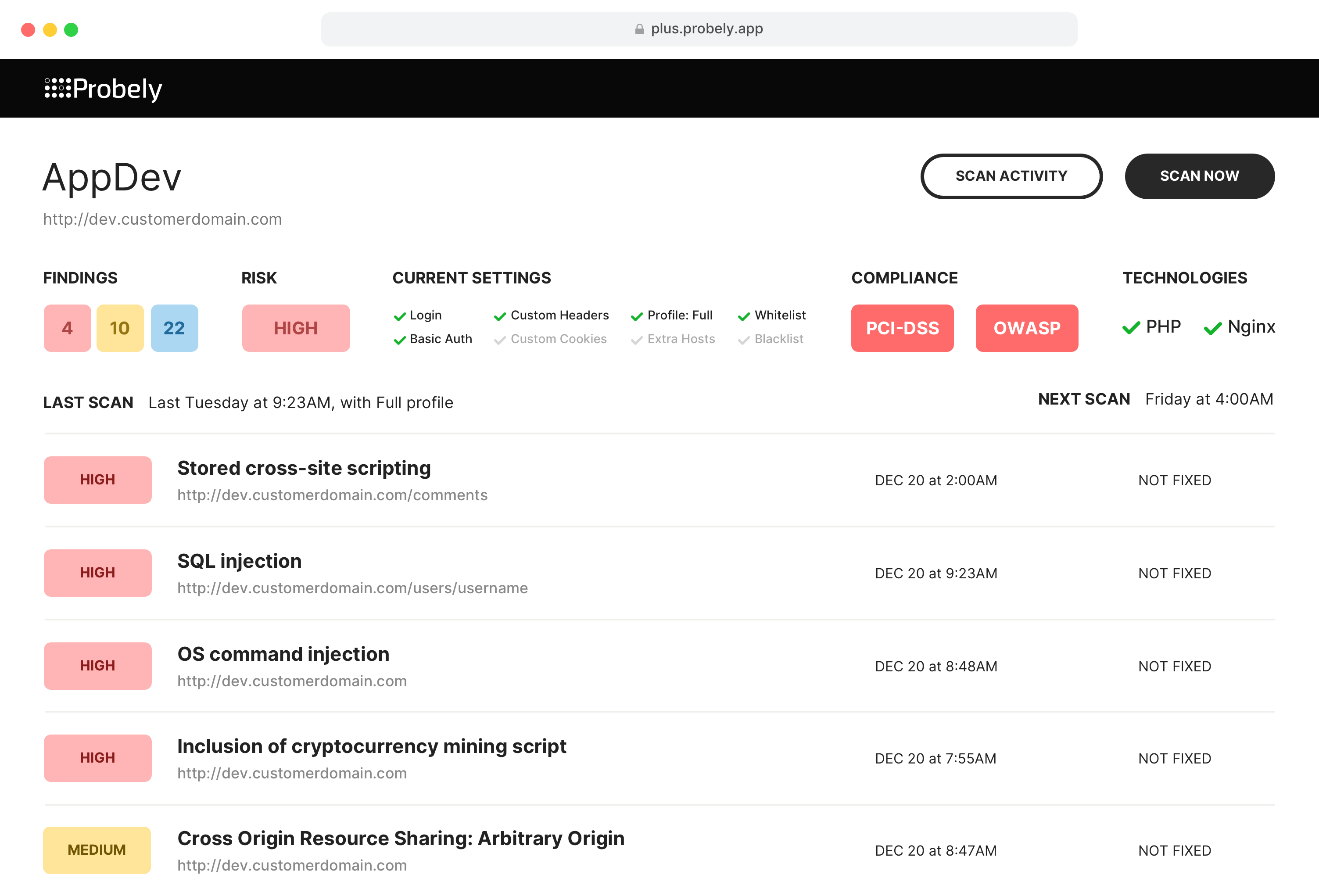 Enterprise Edision target findings list screenshot