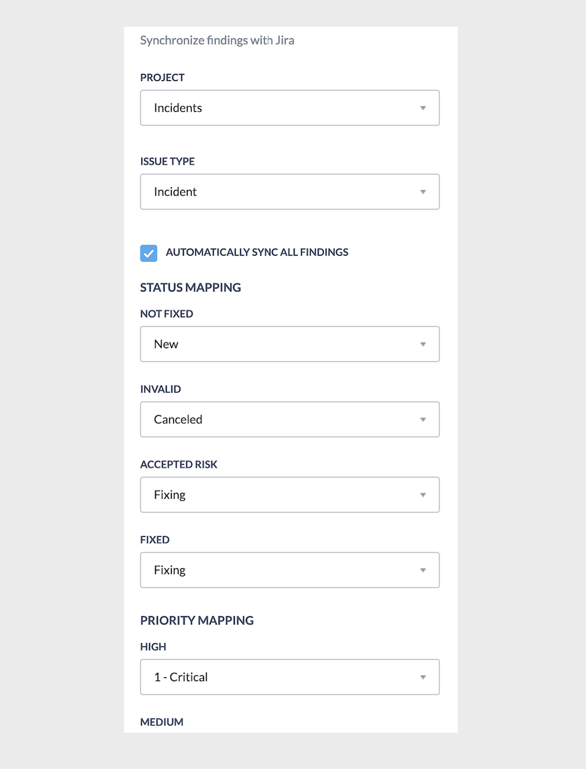 You can map Probely status/severity to the appropriate Jira status/priority