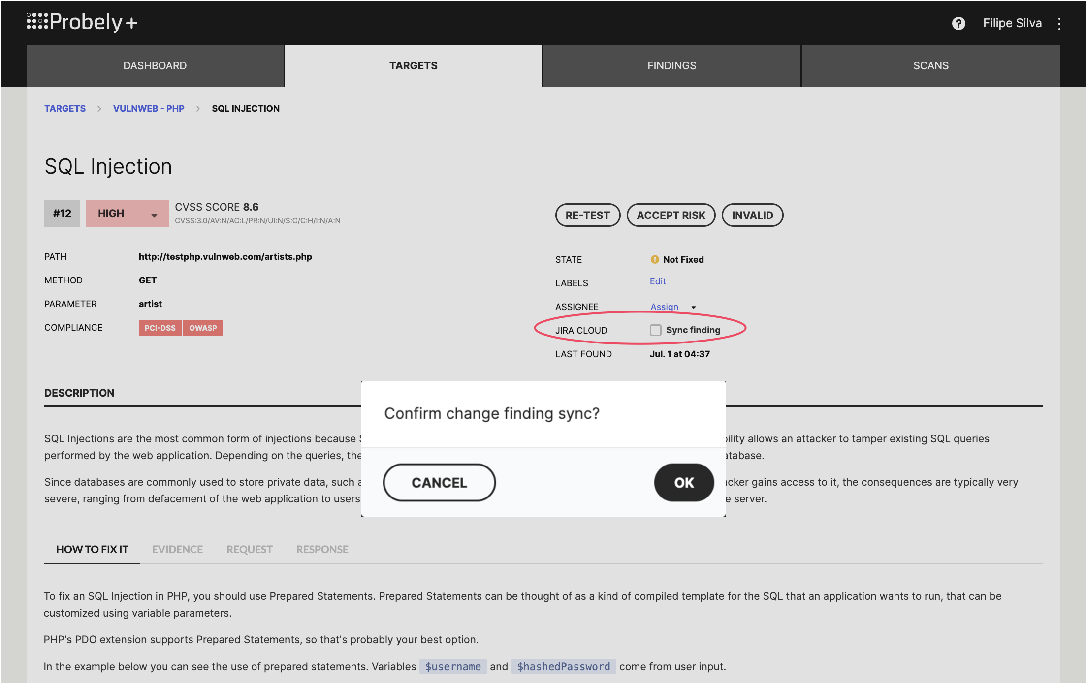 Manually syncing a finding with Jira Cloud image from original post