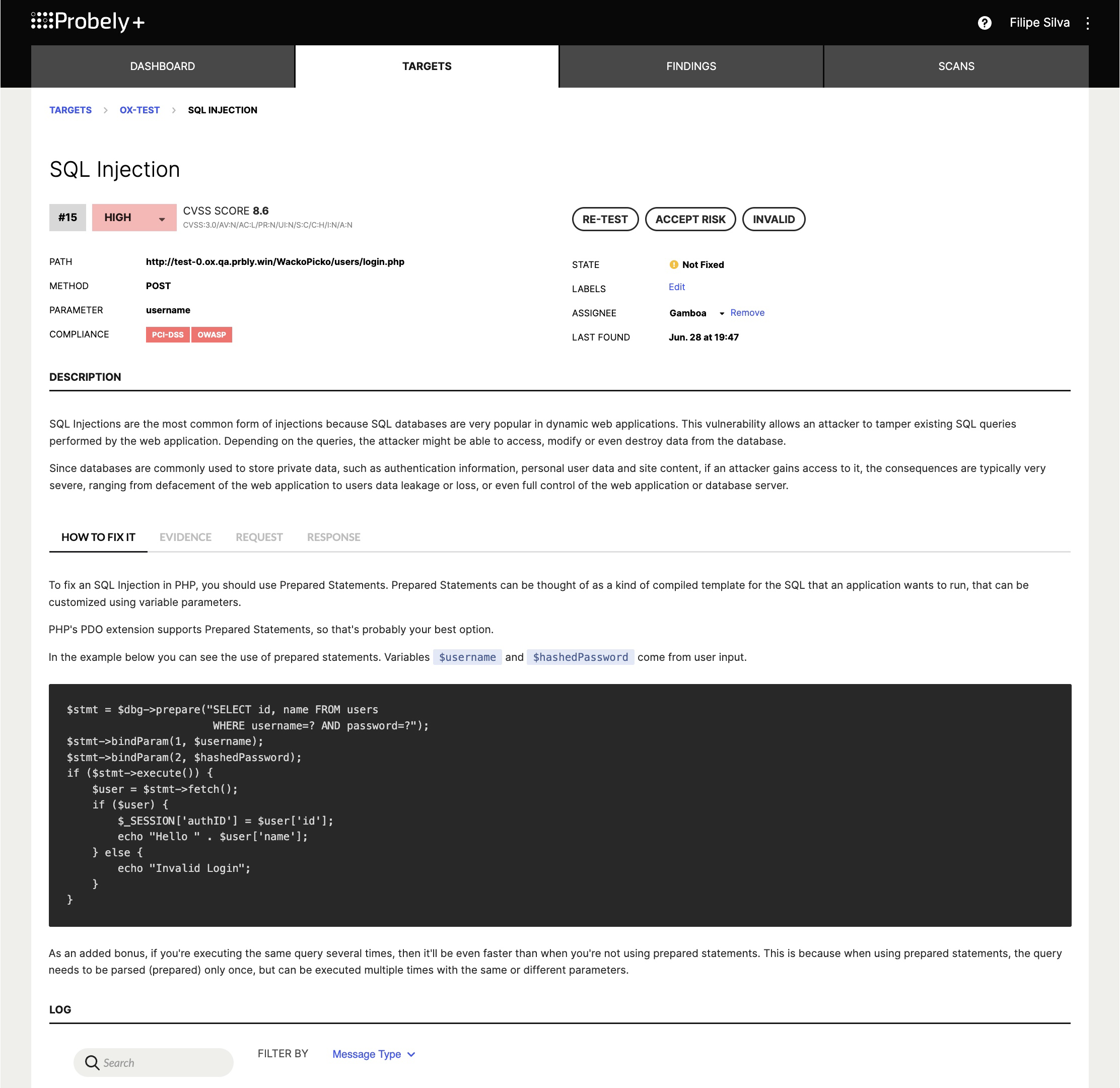 Screenshot of a DAST scanner (Probely) vulnerability page