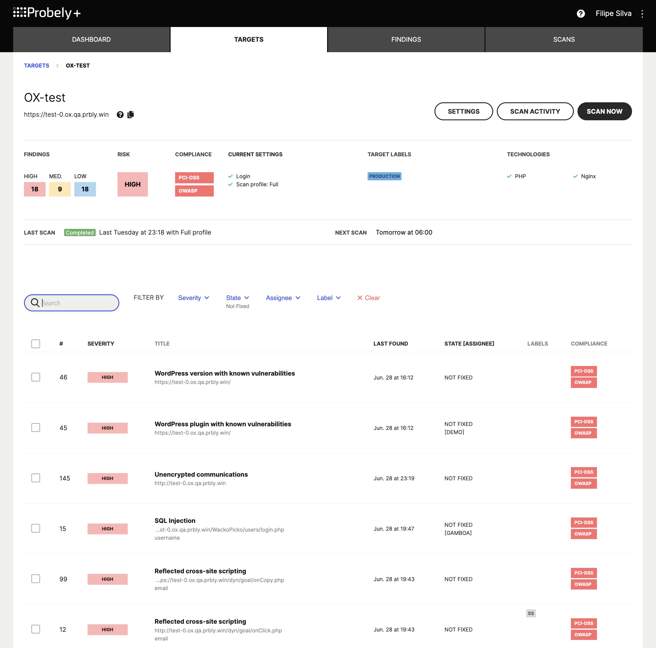 Screenshot of Findings Overview of Probely showcasing different vulnerabilities mapped to Severity